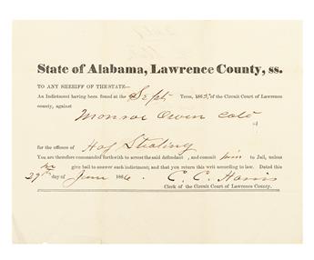 (SLAVERY AND ABOLITION.) ALABAMA COURT DOCUMENT. Two partially printed documents, accomplished by hand State of Alabama, Lawrence Coun